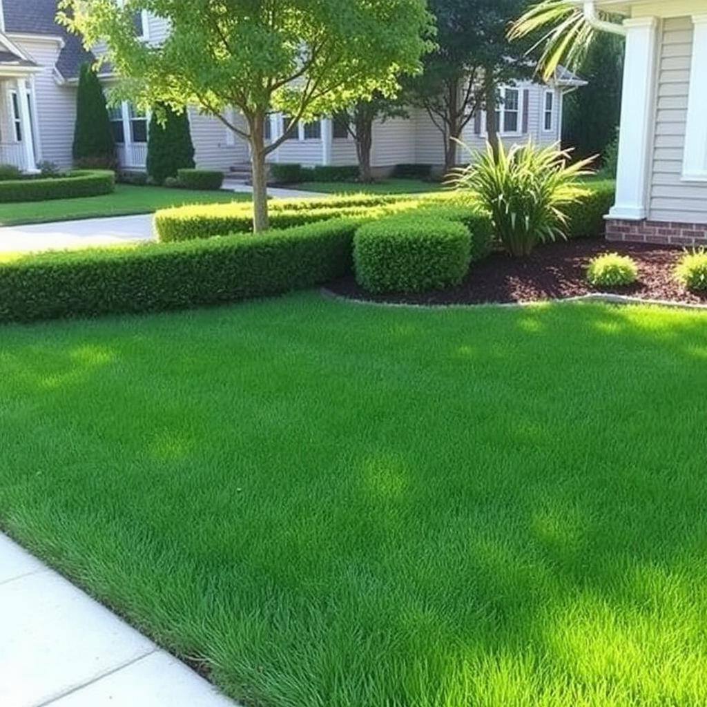 Freshly mowed lawn with trimmed hedges in front of a home