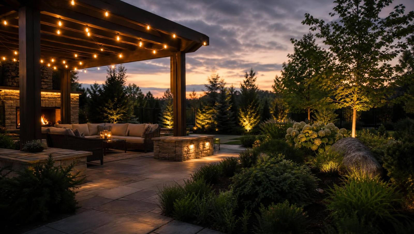 Outdoor living space at dusk