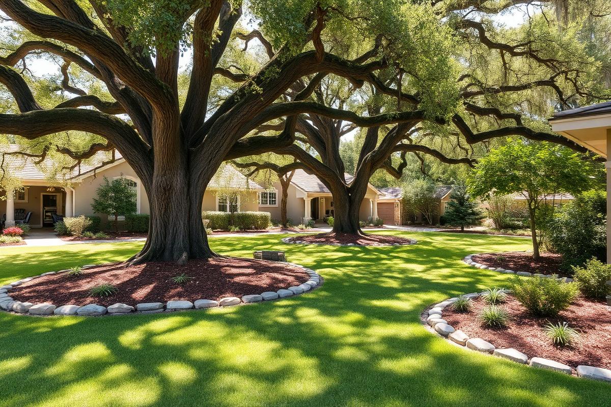 Renovated established yard with mature shade trees, fresh mulch beds and stone edging