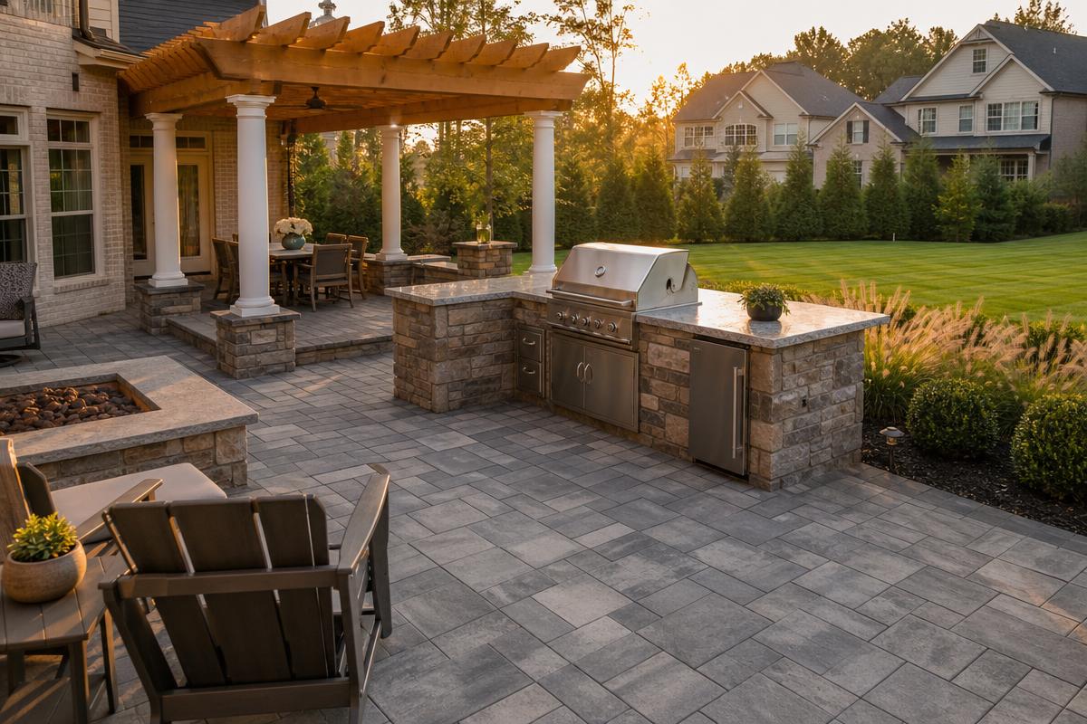 Paver patio with stone outdoor kitchen and cedar pergola in an HOA neighborhood backyard