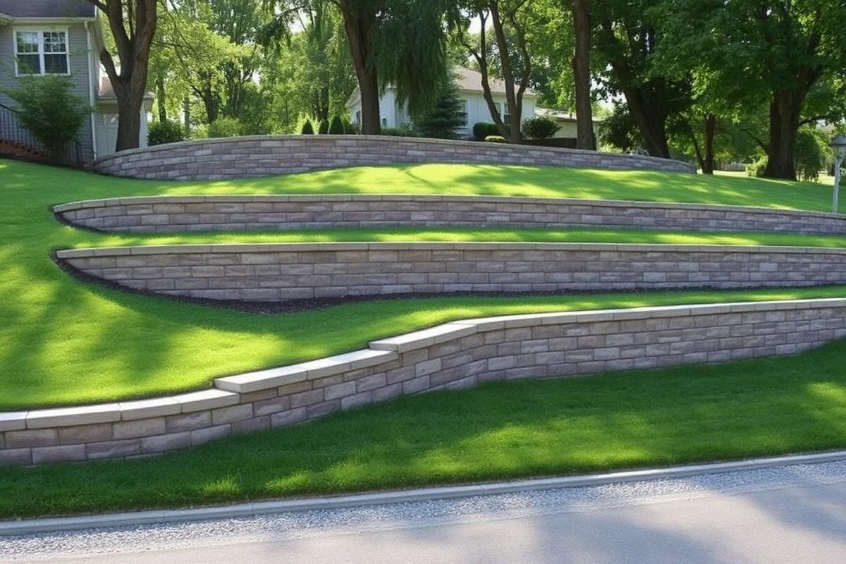 Tiered stone retaining walls and regraded lawn on a sloped residential lot