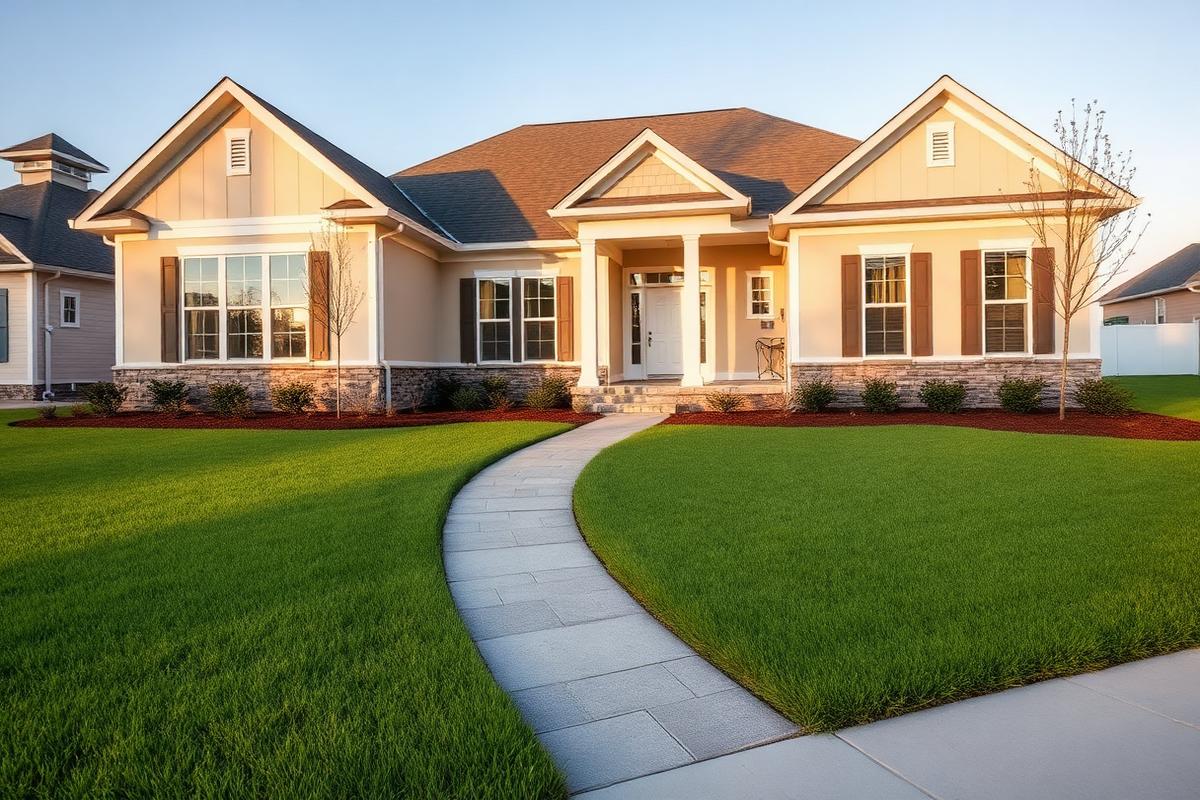 Newly built South Carolina home with fresh sod lawn, paver walkway and new planting beds
