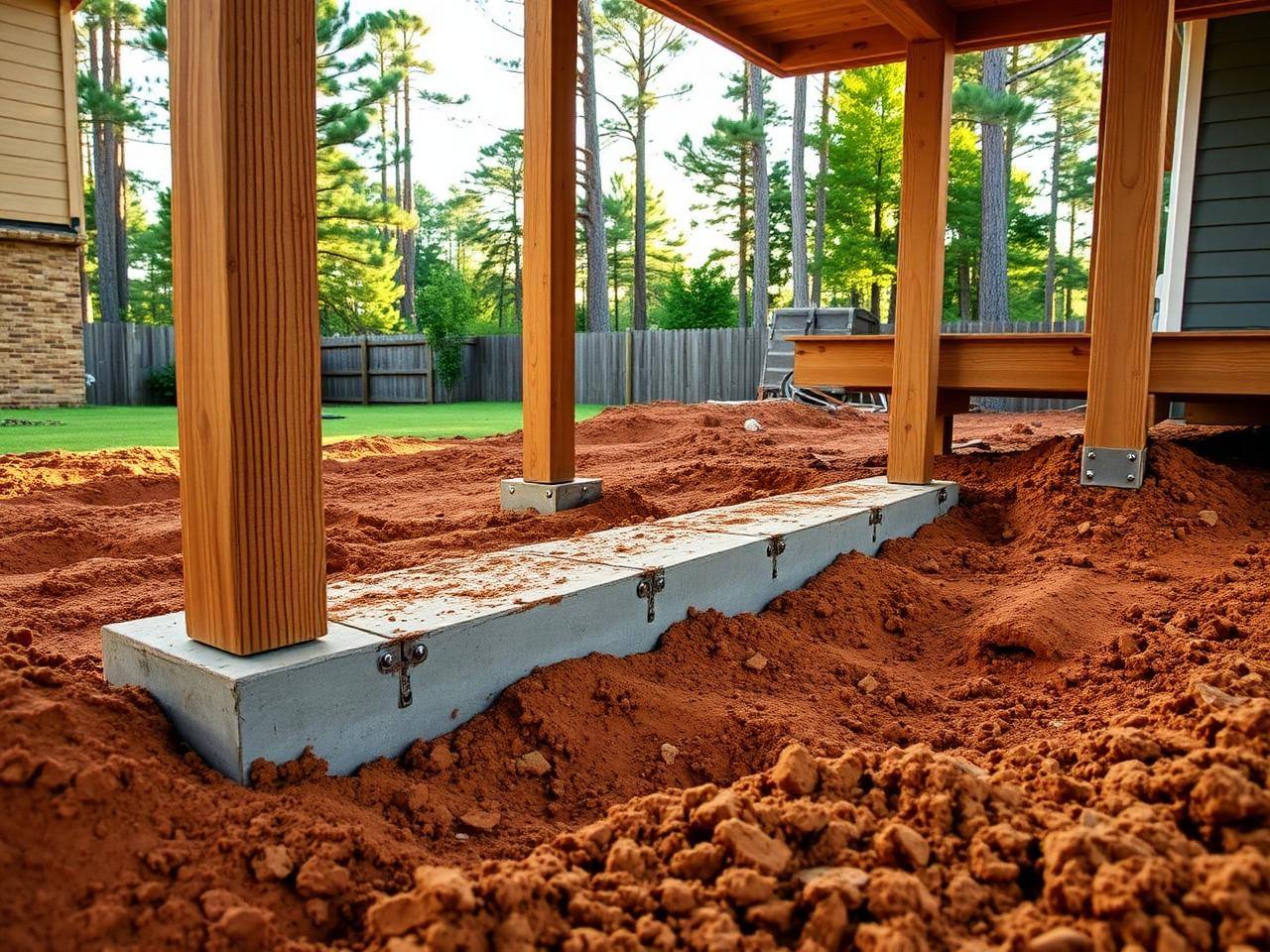Red clay soil and deck footing, Piedmont lot
