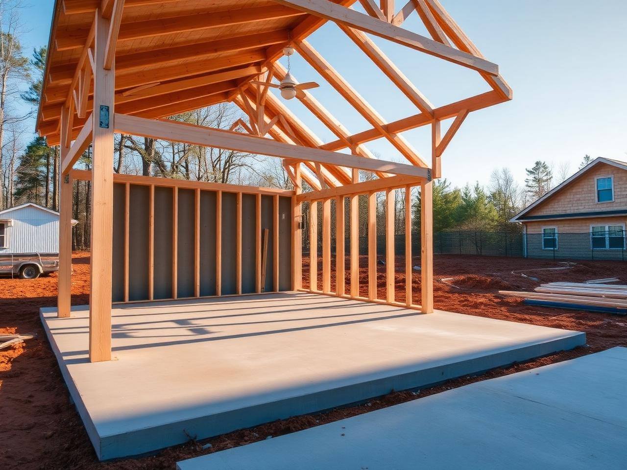 Detached garage slab and framing on a red clay Union County lot