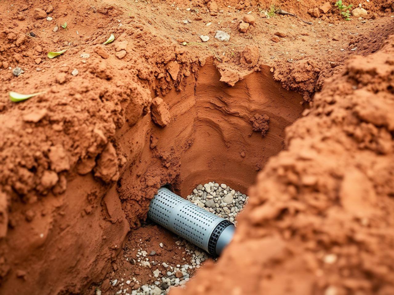 French drain trench cut into a red clay yard near Charlotte