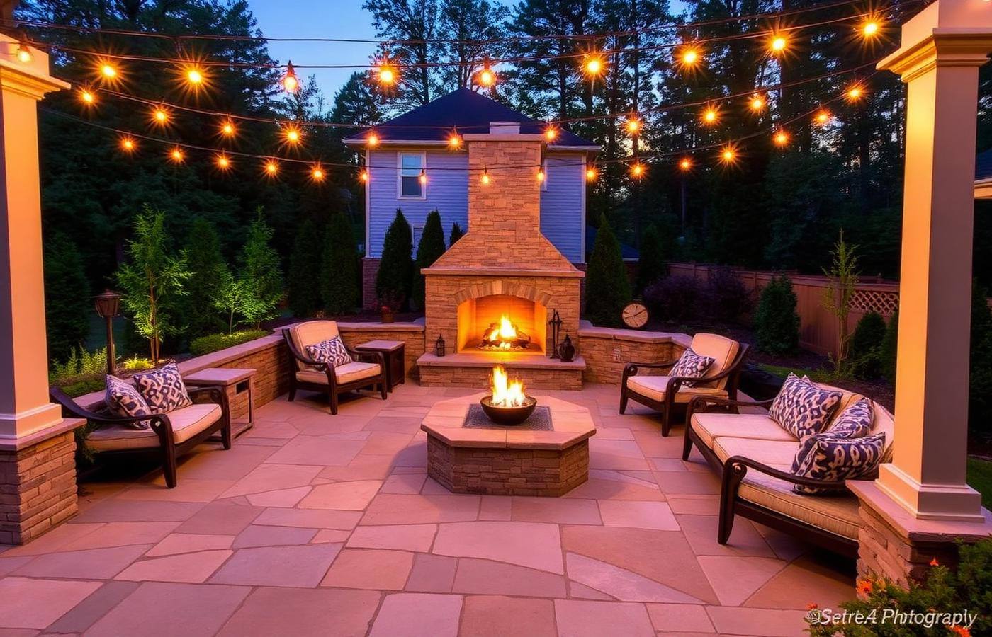 Finished patio with outdoor living space at dusk