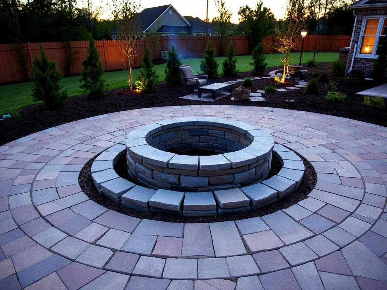 Stone fire pit with paver base on a backyard patio, Waxhaw NC