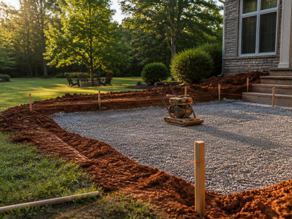 Red clay excavation and compacted gravel base prep for a Fort Mill hardscape project