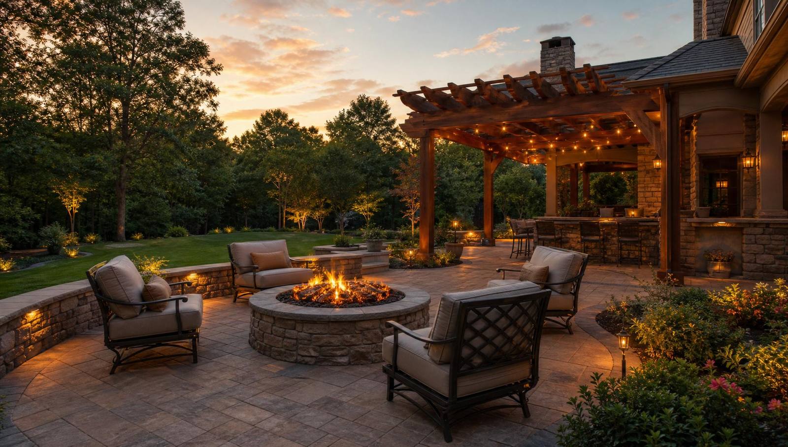 Completed outdoor living project with paver patio, fire pit, and pergola at dusk