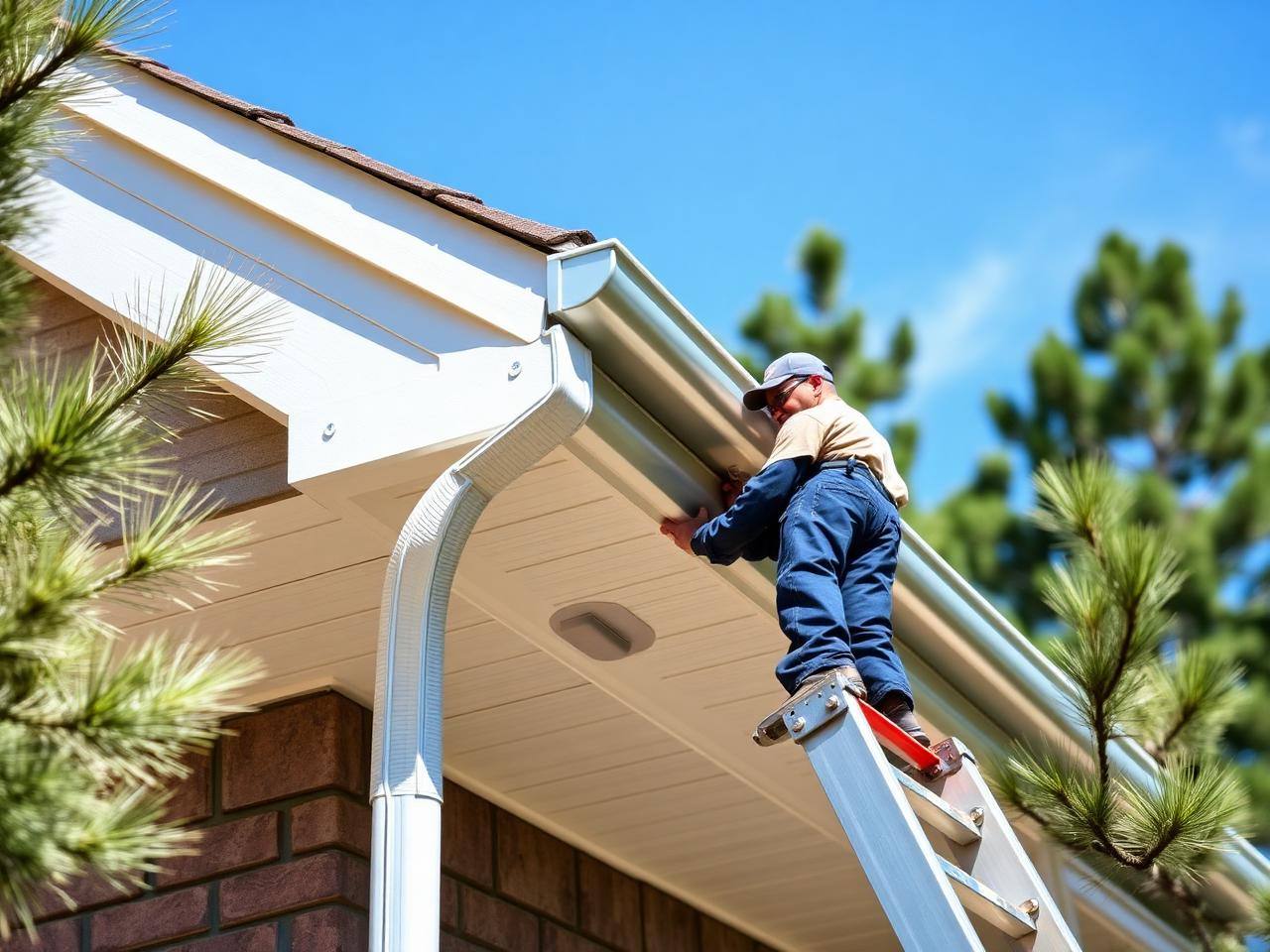 Seamless gutter install on a Waxhaw home surrounded by pines