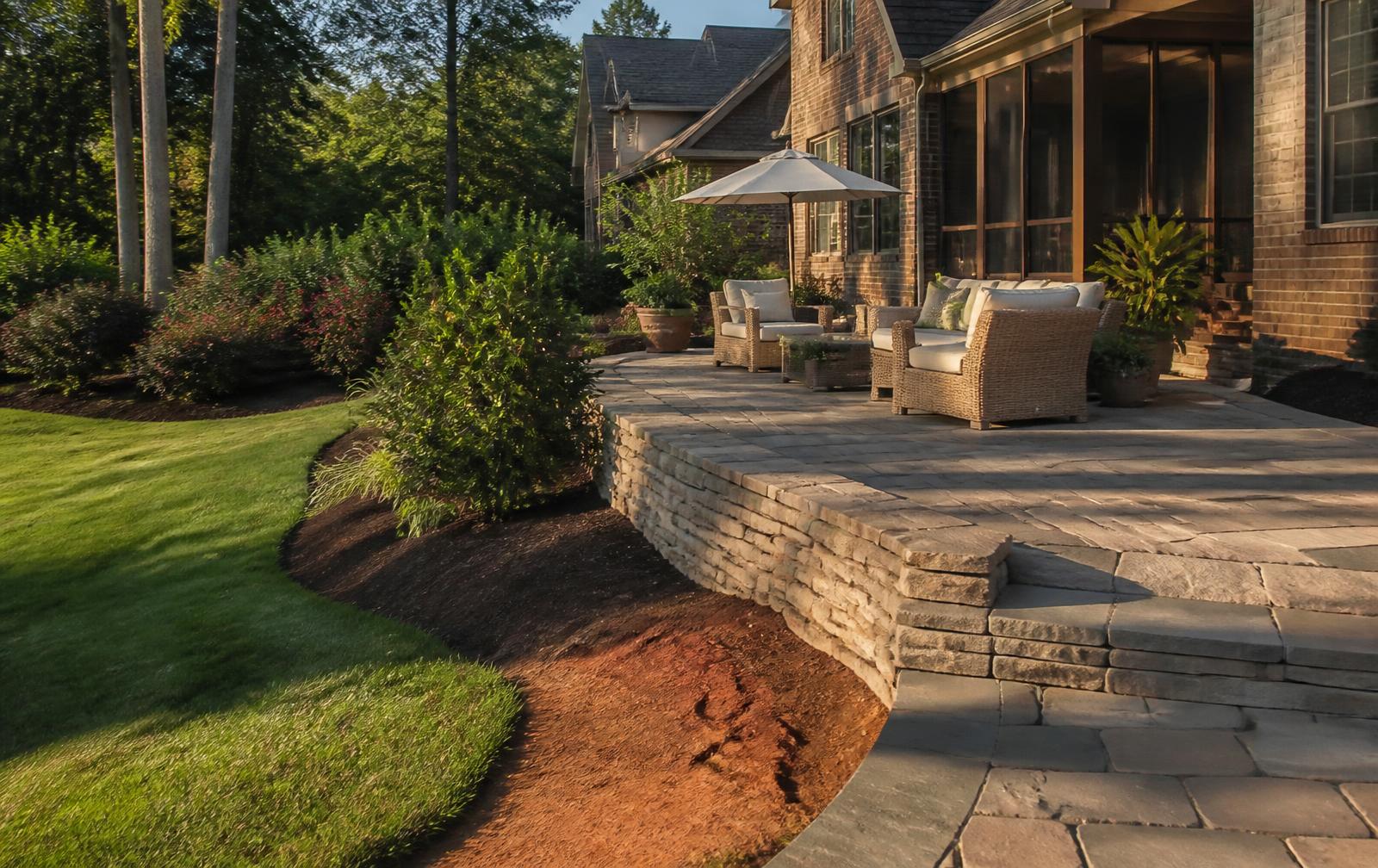 Paver patio with stone retaining wall beside planted beds and lawn in a Charlotte, NC backyard with red clay soil visible
