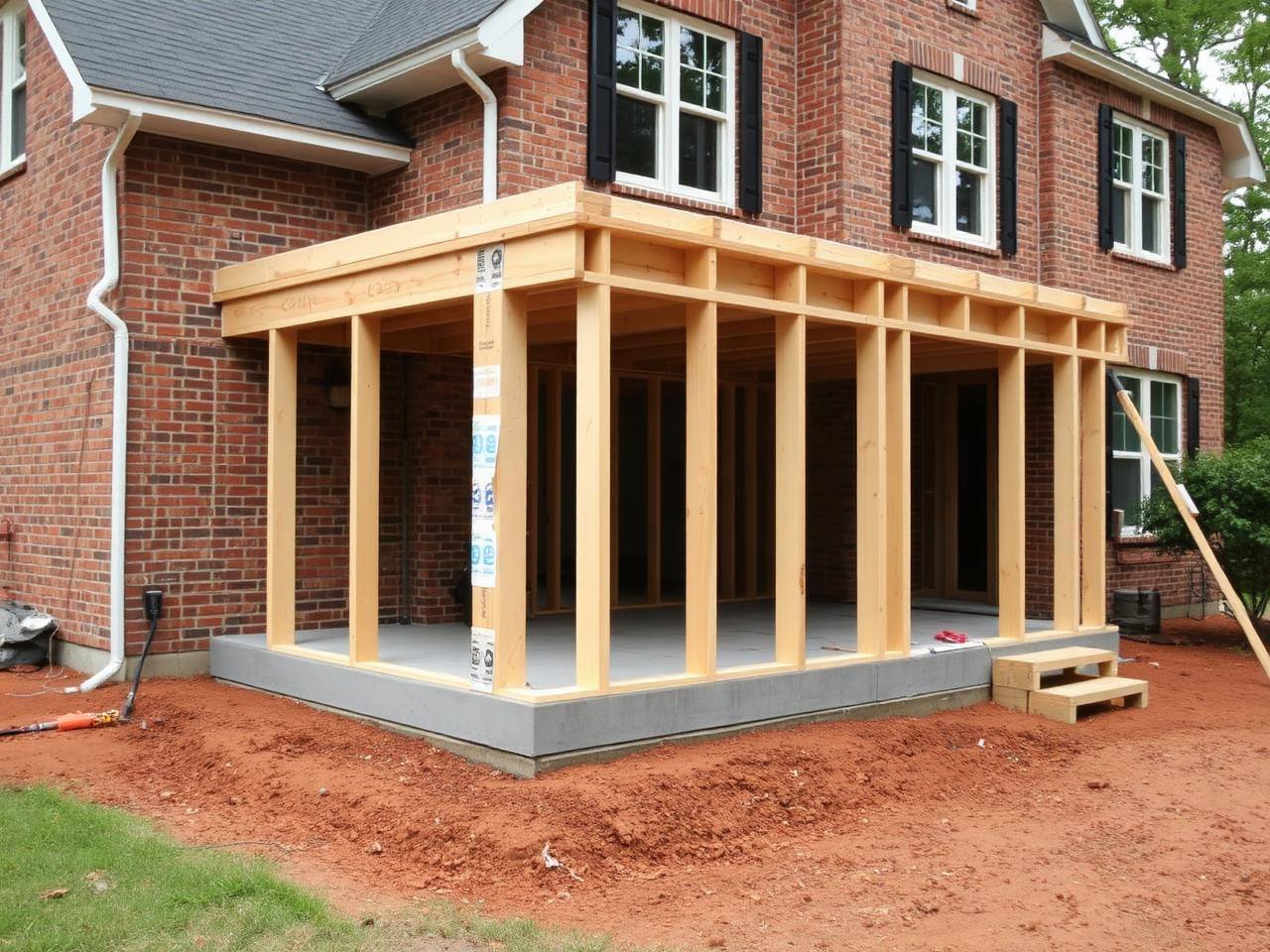 Home addition framing tied into an existing brick house near Charlotte
