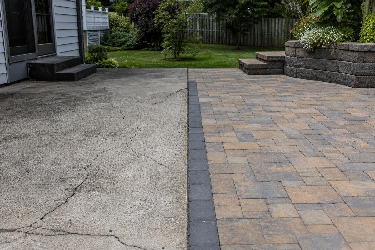 Cracked concrete patio versus a properly installed paver patio in Union County, NC