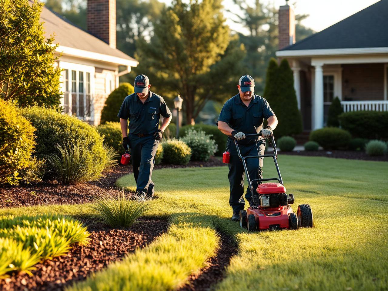 Landscape crew maintaining beds and lawn on a Piedmont property