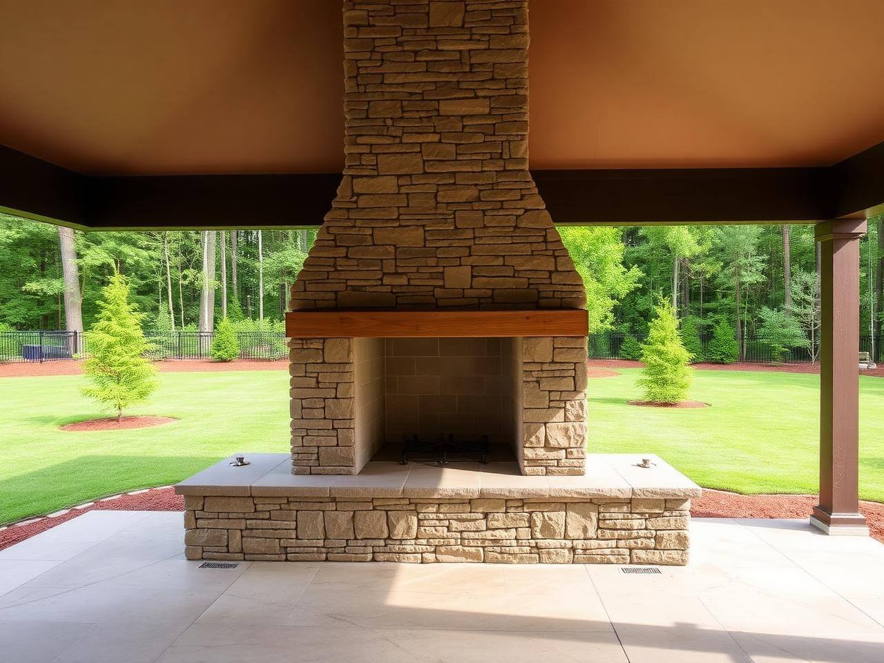 Masonry outdoor fireplace on a covered patio near Charlotte NC