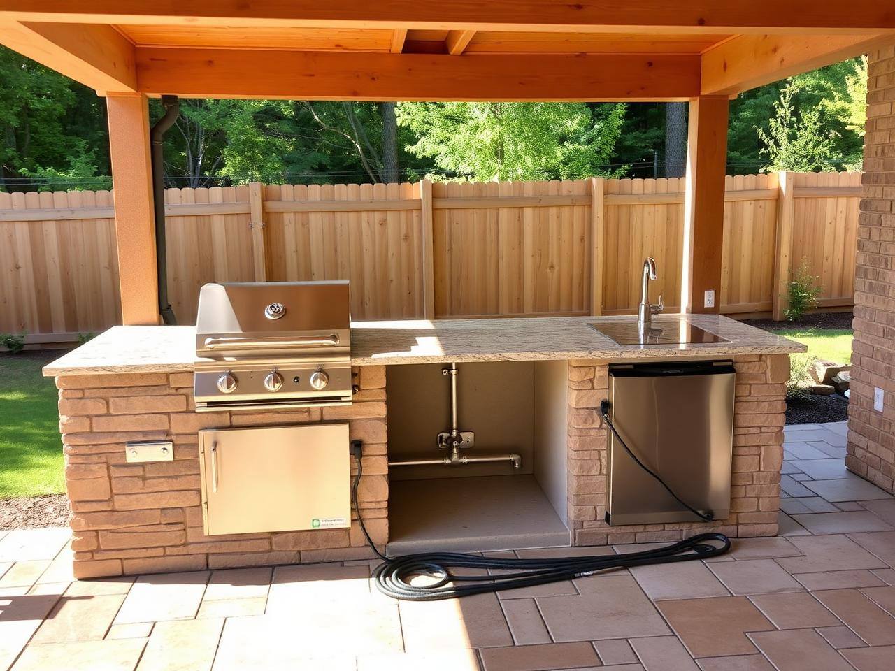 Outdoor kitchen with grill and stone counters on a Waxhaw patio