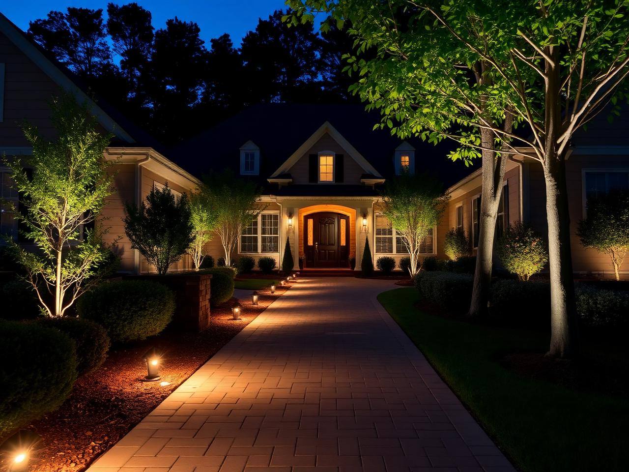 Low-voltage landscape lighting on a Waxhaw NC home at dusk