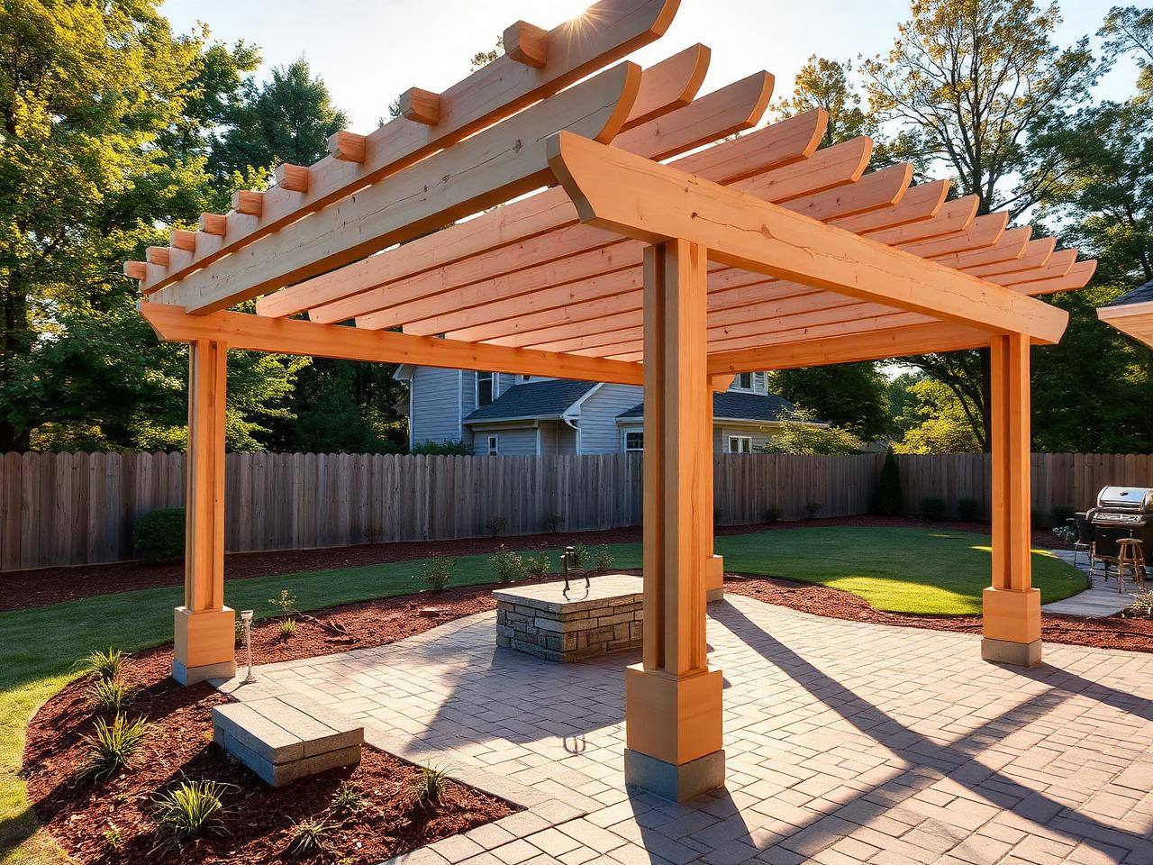 Cedar pergola anchored over a paver patio in Waxhaw NC