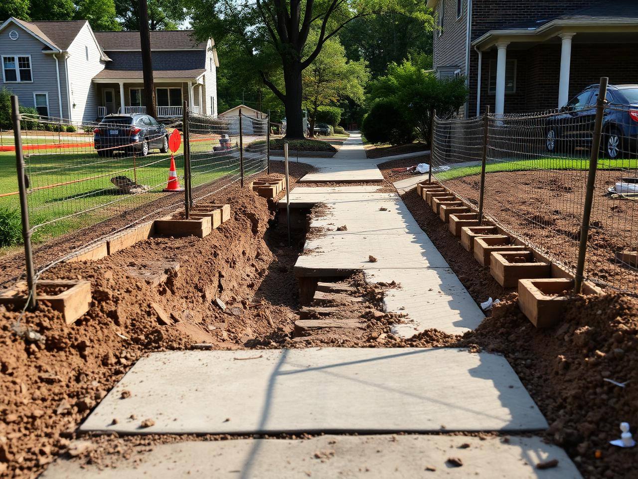 Old sidewalk removed and new concrete sidewalk being formed
