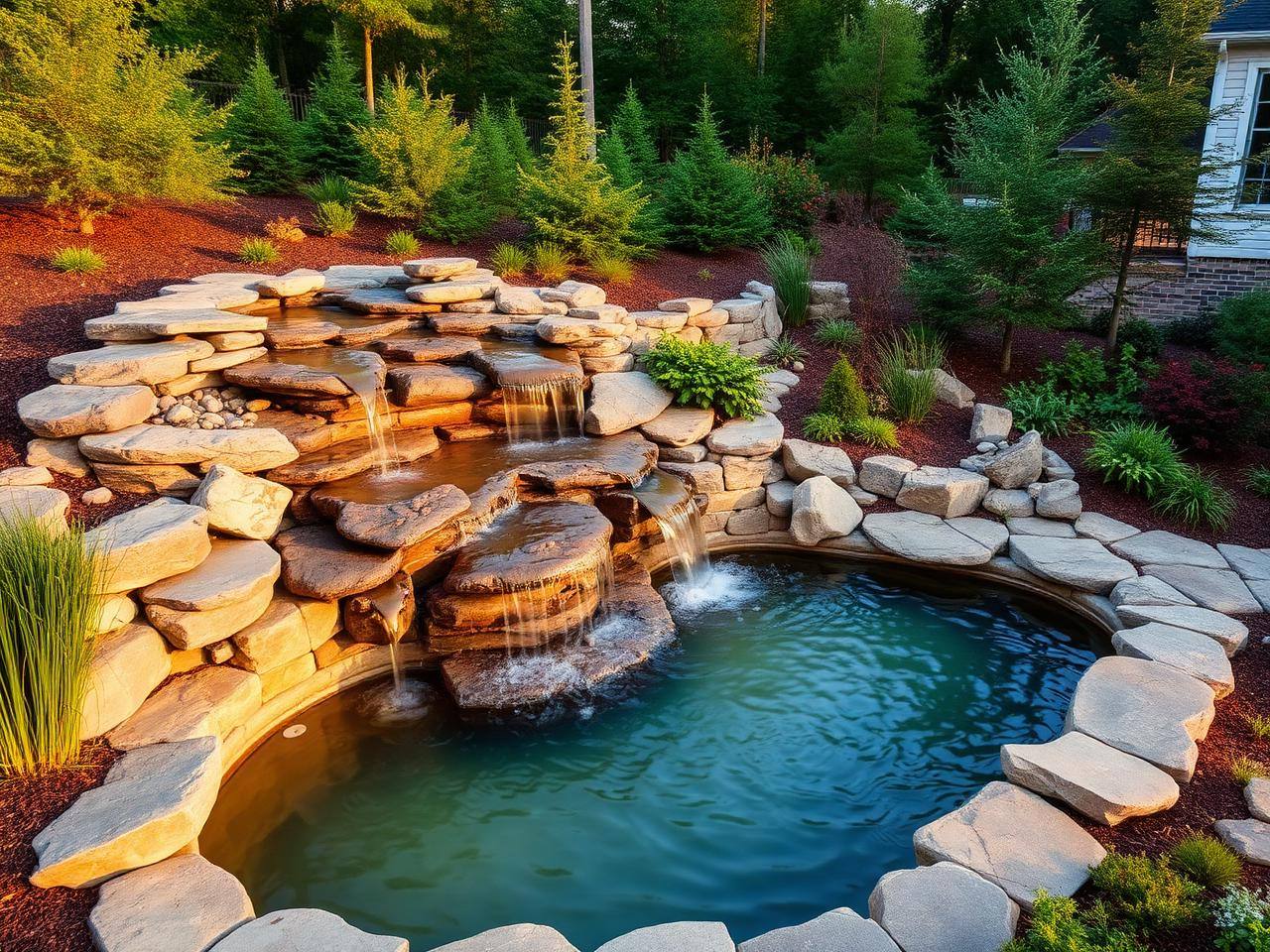 Backyard water feature with natural stone in a Waxhaw NC yard