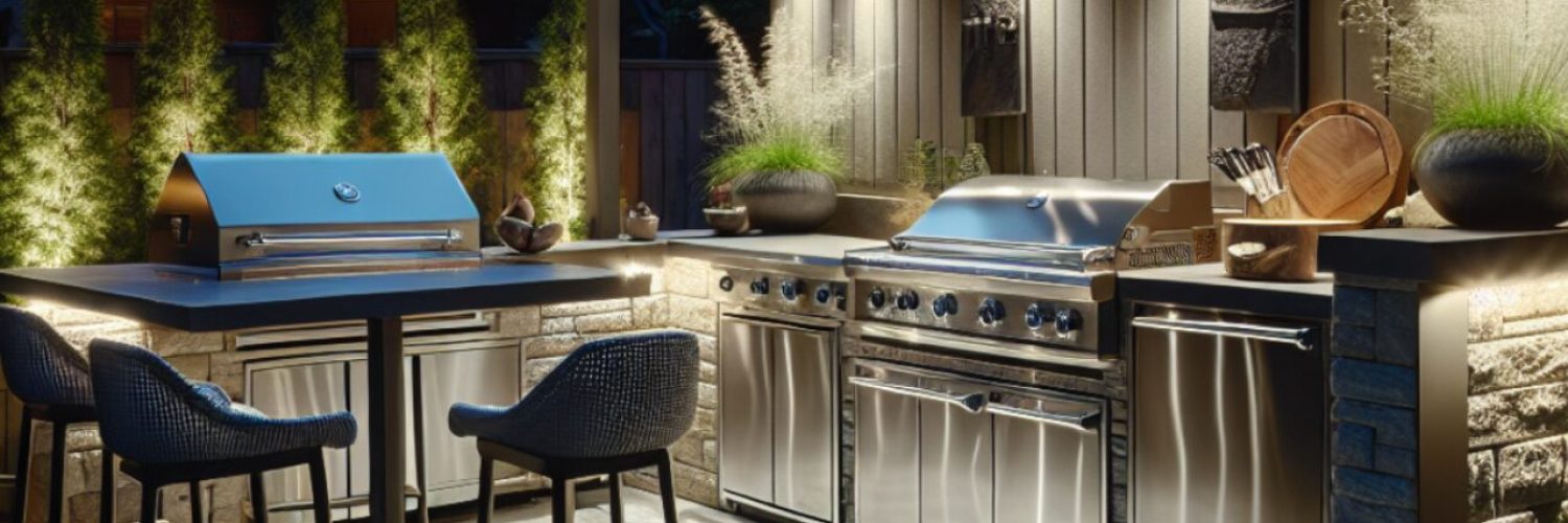 Modern outdoor kitchen with steel appliances and stone bar under evening light, surrounded by greenery.