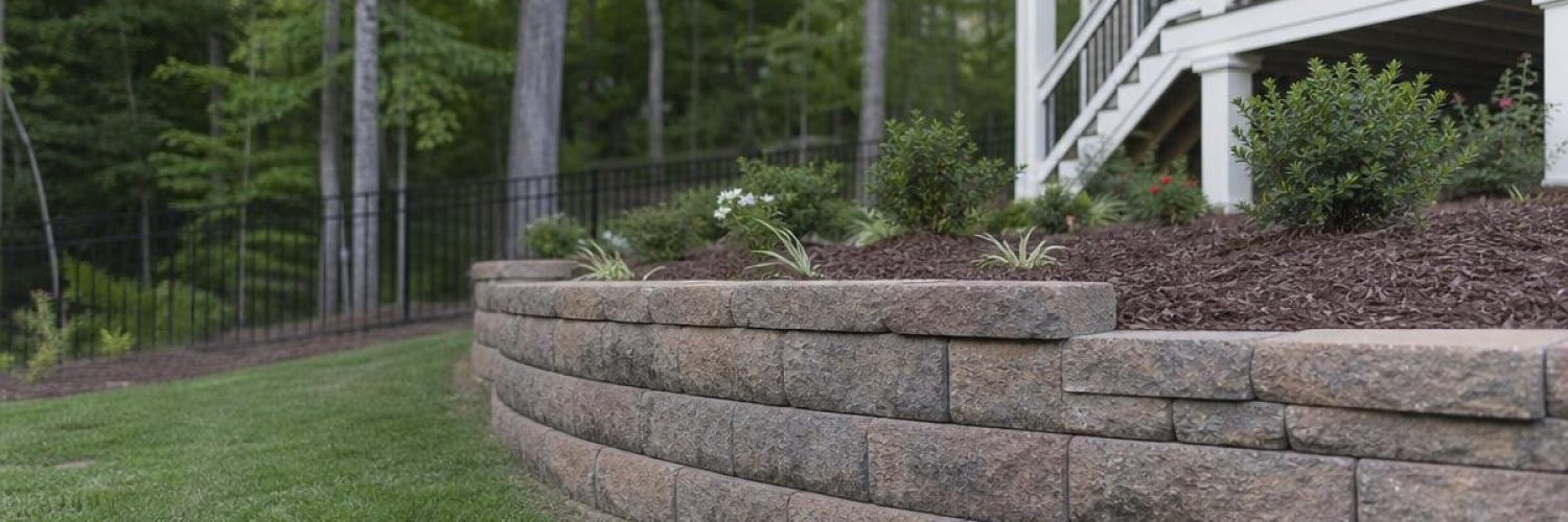 Curved segmental block retaining wall with warm brown tones holding back a raised garden bed with mulch and shrubs in a Waxhaw, NC backyard
